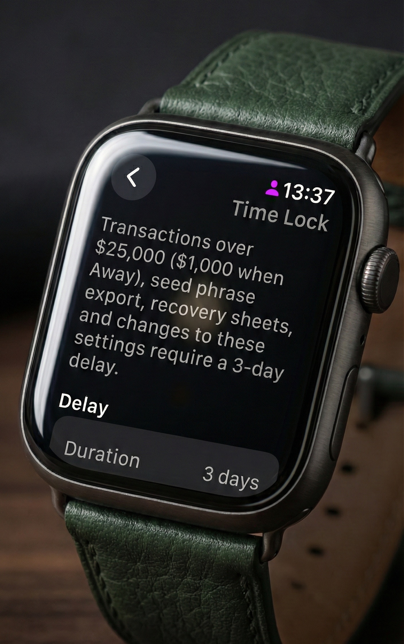 Time Lock settings showing 3-day delay and geofenced spend limits